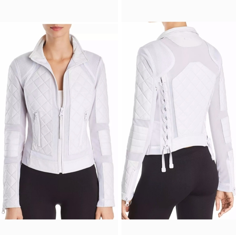 Blanc Noir Classic Leather Mesh Moto Quilted Jacket